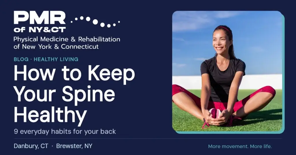 PMR guide to nine everyday habits for a healthy spine, featuring a woman stretching outdoors